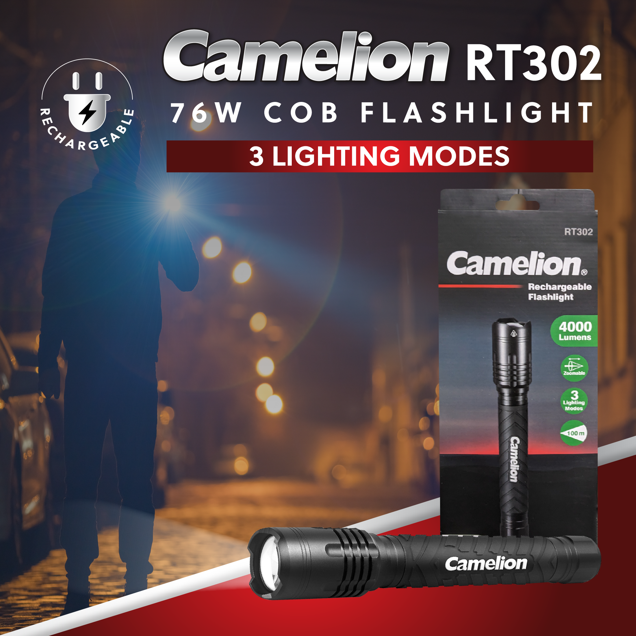 Camelion RT302 76W COB 4000LM Rechargeable Flashlight - 3 Lighting