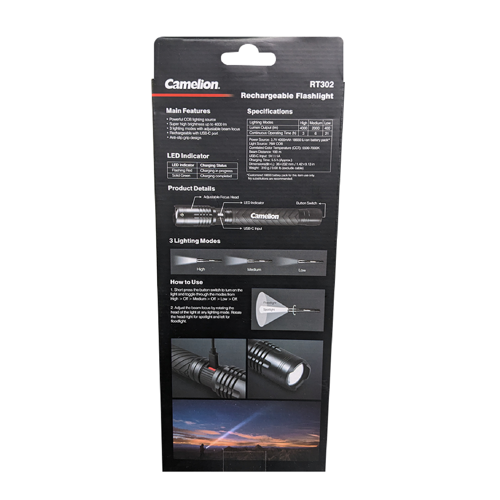 Camelion RT302 76W COB 4000LM Rechargeable Flashlight - 3 Lighting