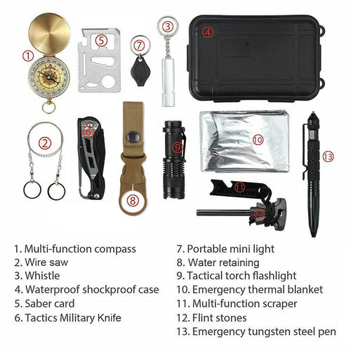14 in 1 Outdoor Emergency Survival Kit - Safety Gear for Camping or Hiking