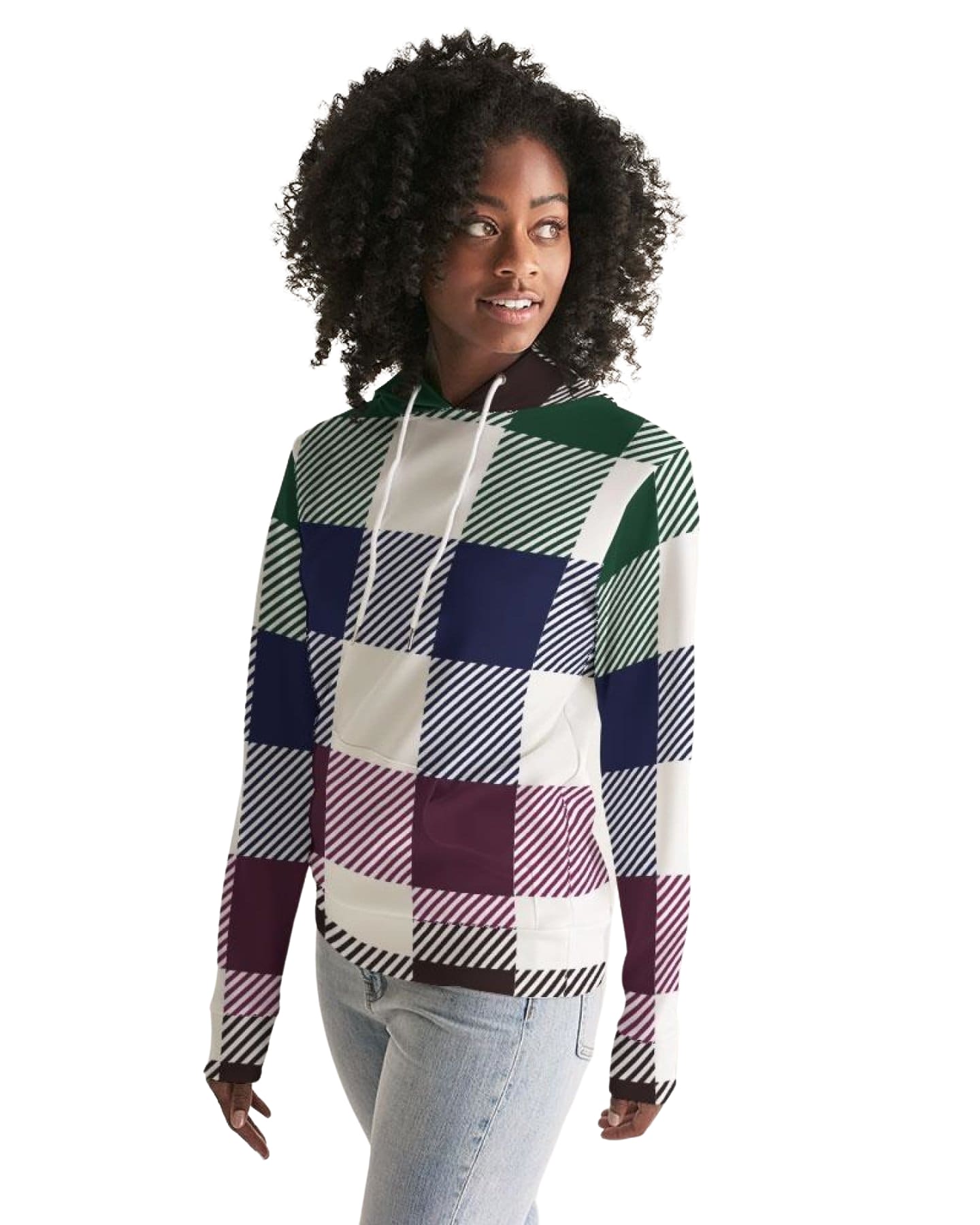 Womens Hoodie - Multicolor Colorblock Plaid Pattern